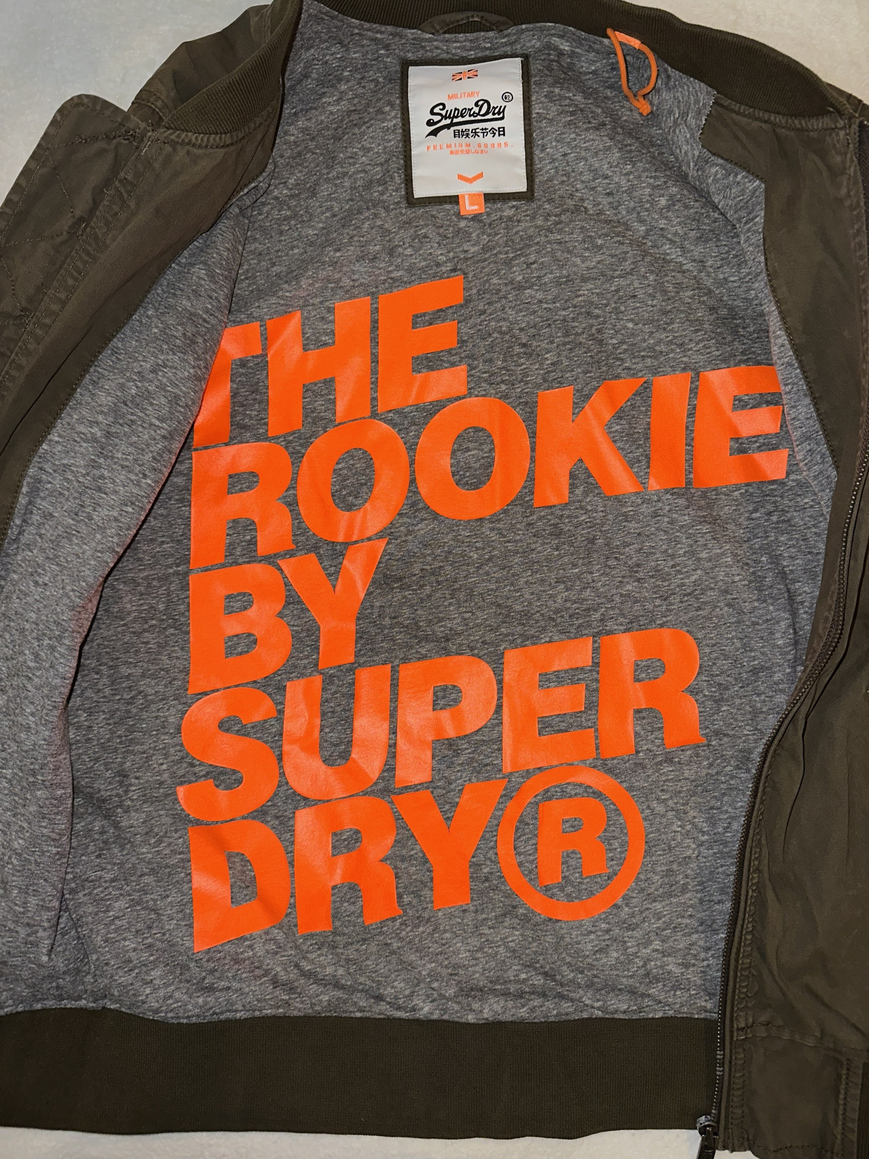 Superdry “The Rookie” Military-Style Jacket – Olive Green – Men’s Large – Graphic Interior Lining