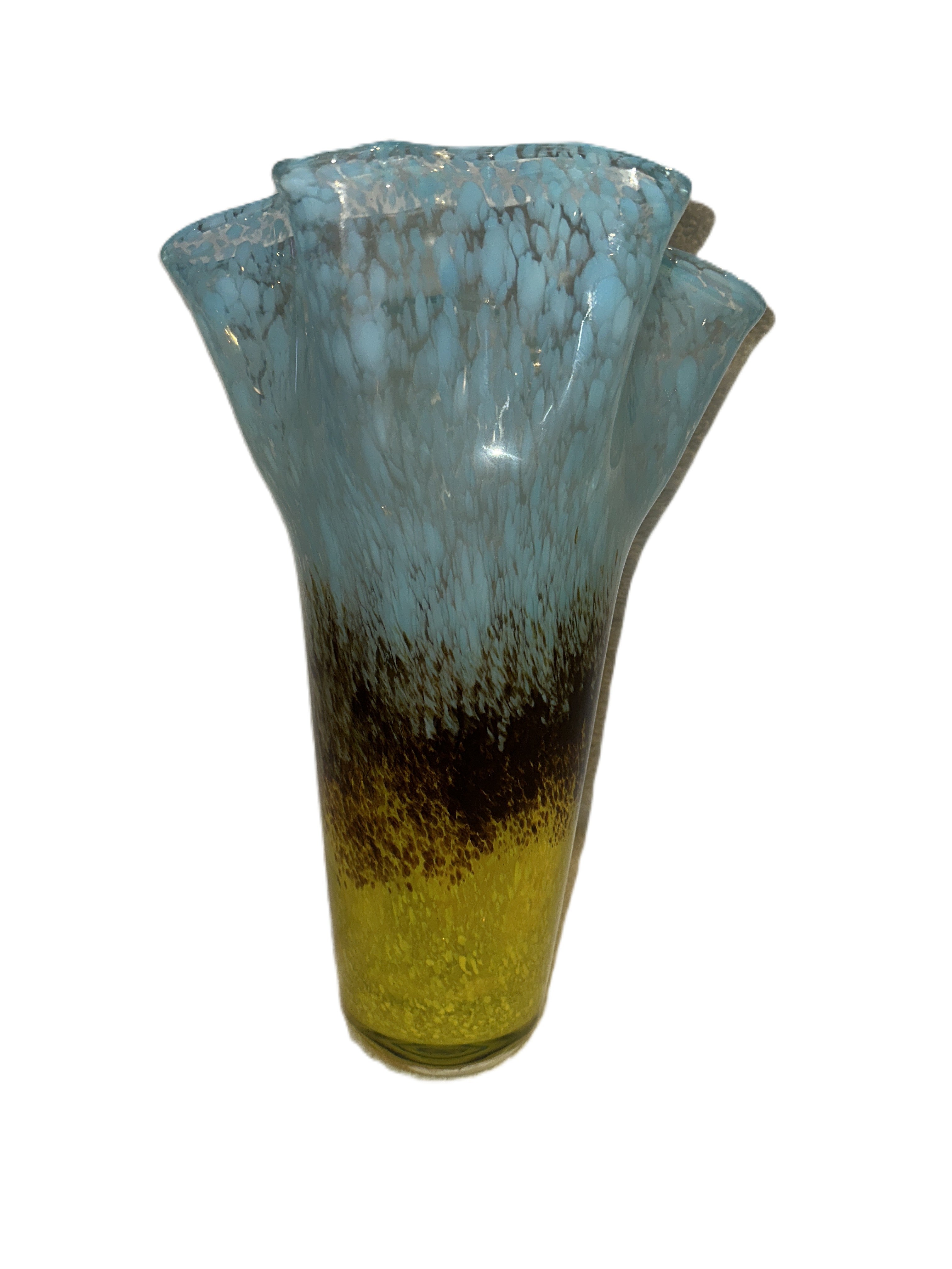 Post-Modern Murano Style Hand-Blown Art Glass Vase — Rustic Western Boho Accent - Late 20th Century -Smear Ruffled Top Vase