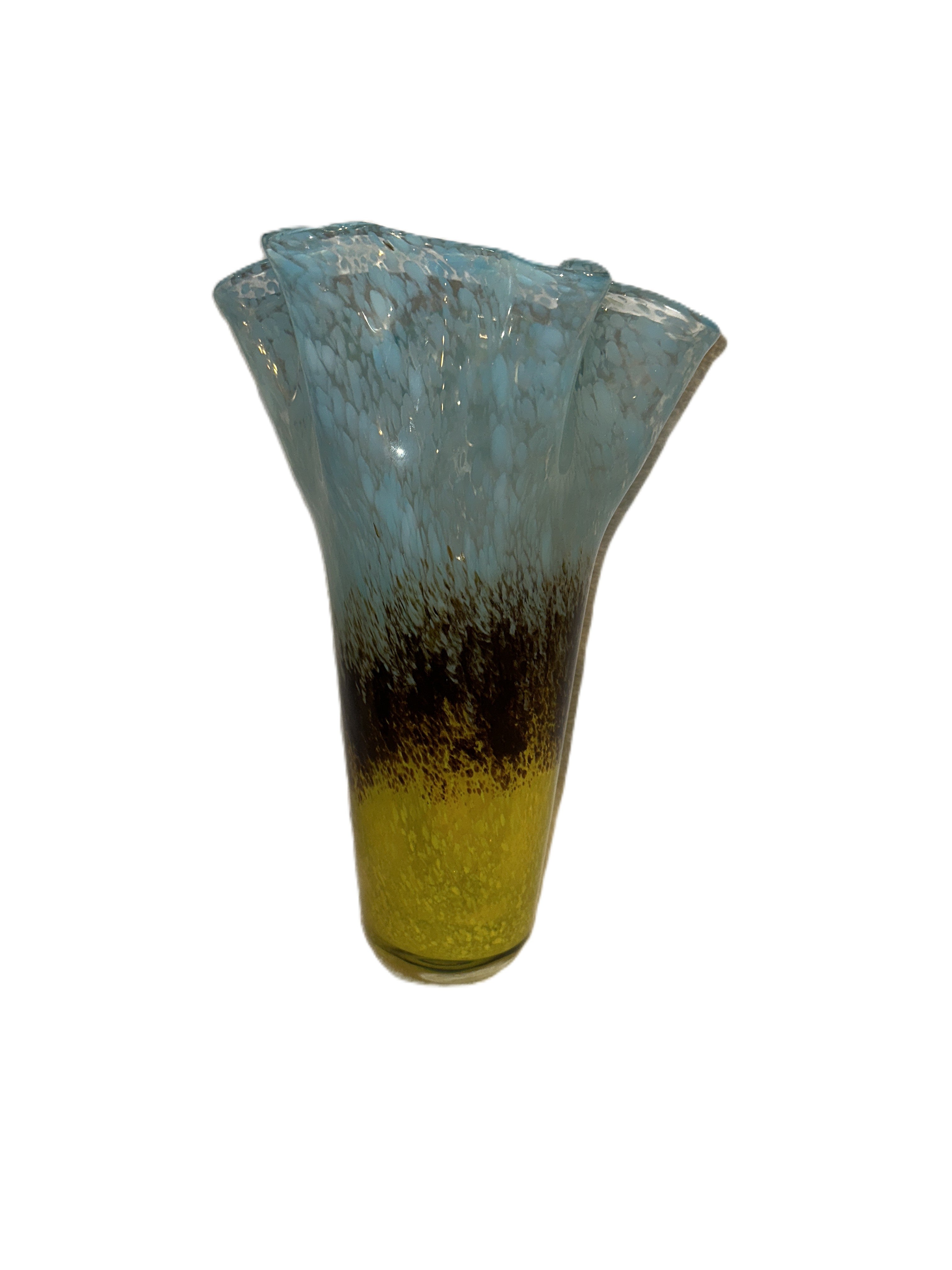Post-Modern Murano Style Hand-Blown Art Glass Vase — Rustic Western Boho Accent - Late 20th Century -Smear Ruffled Top Vase