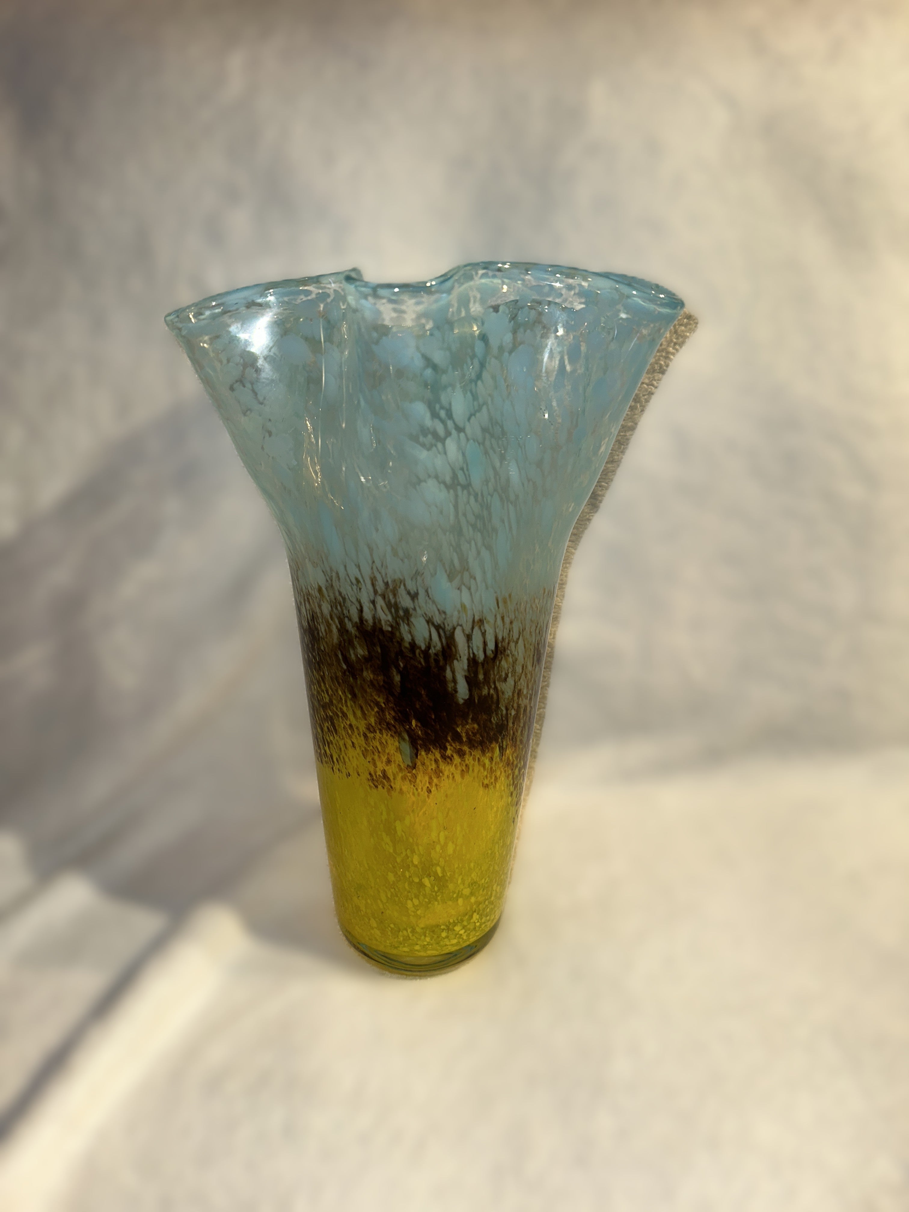 Post-Modern Murano Style Hand-Blown Art Glass Vase — Rustic Western Boho Accent - Late 20th Century -Smear Ruffled Top Vase