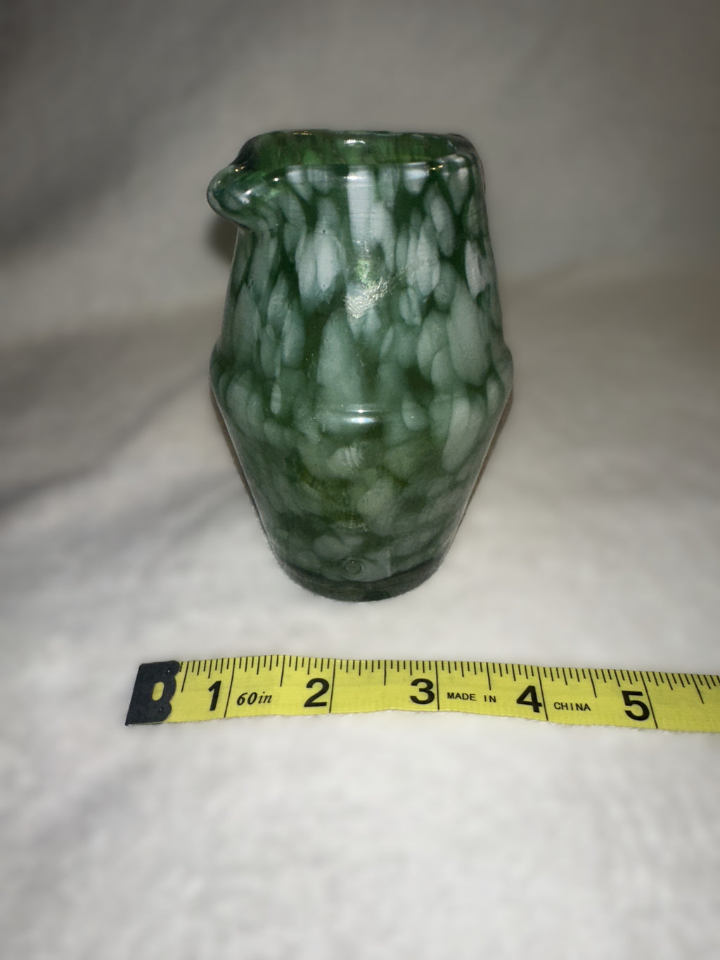 Hand Blown Green Art Glass Mini Pitcher • Vintage Mottled Glass Creamer • Murano Style Studio Glass Vessel