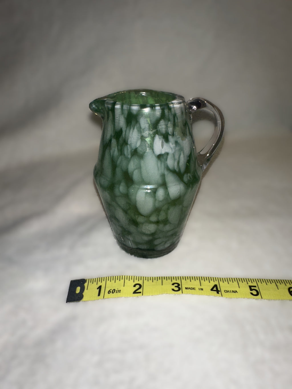 Hand Blown Green Art Glass Mini Pitcher • Vintage Mottled Glass Creamer • Murano Style Studio Glass Vessel