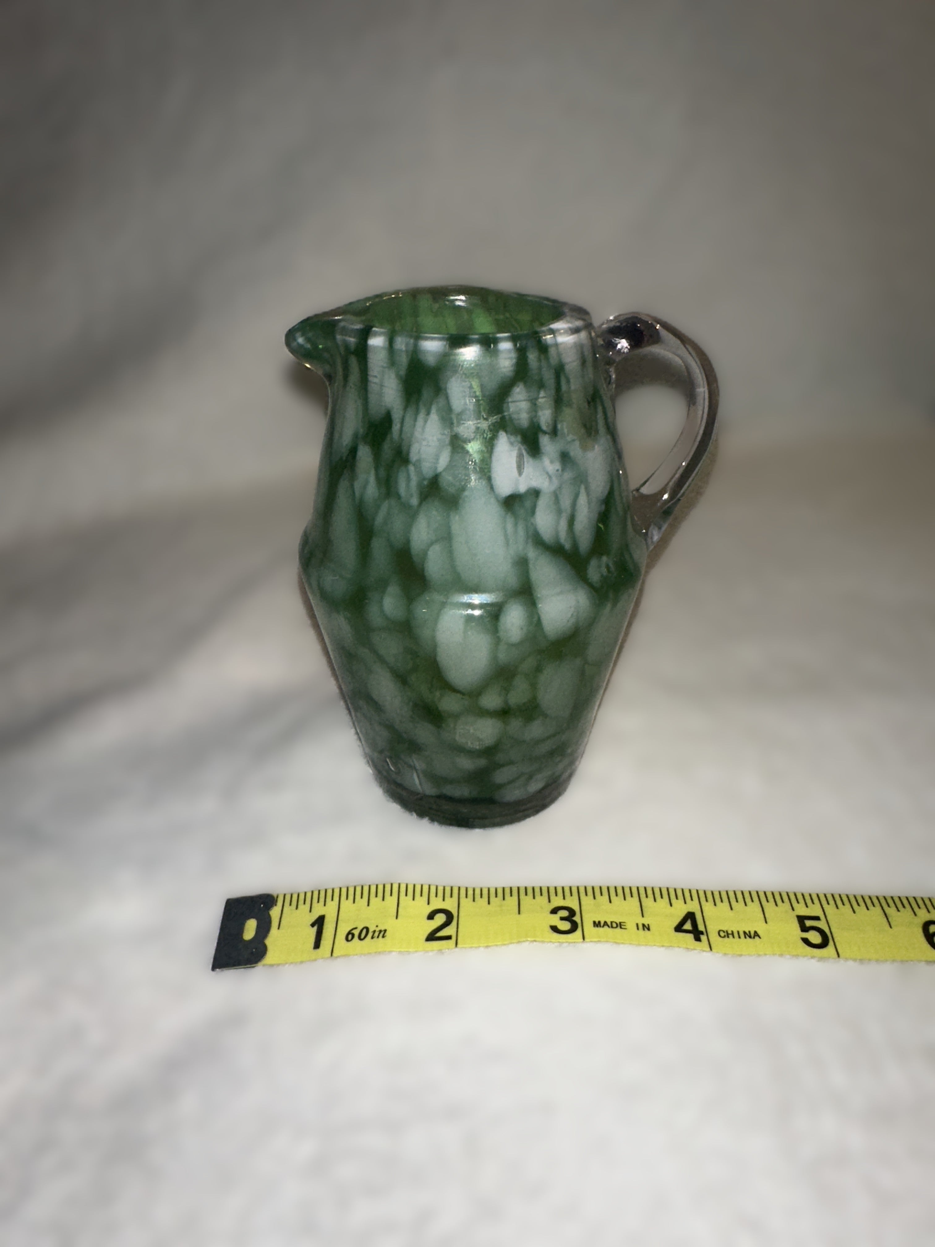 Hand Blown Green Art Glass Mini Pitcher • Vintage Mottled Glass Creamer • Murano Style Studio Glass Vessel