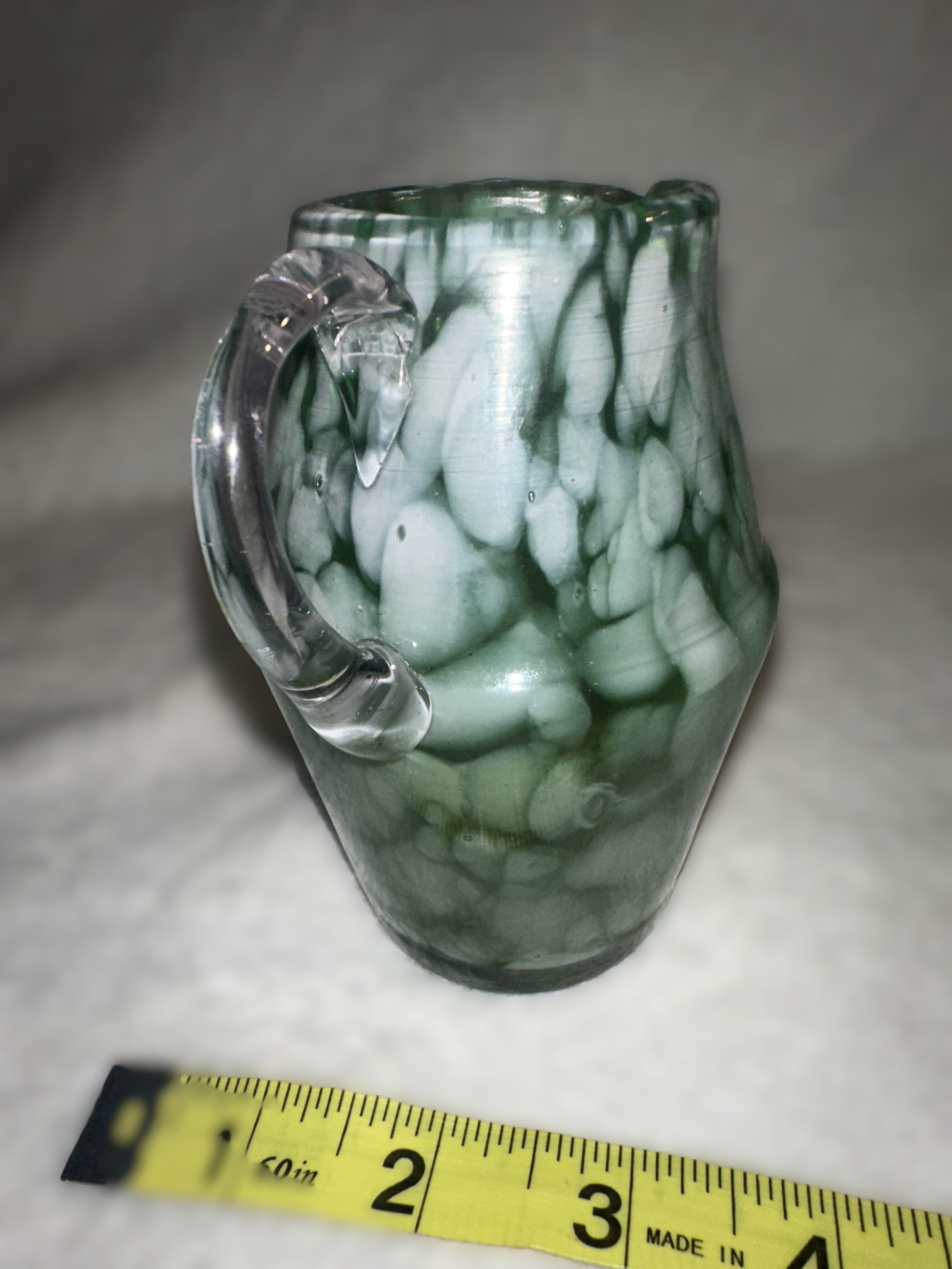 Hand Blown Green Art Glass Mini Pitcher • Vintage Mottled Glass Creamer • Murano Style Studio Glass Vessel
