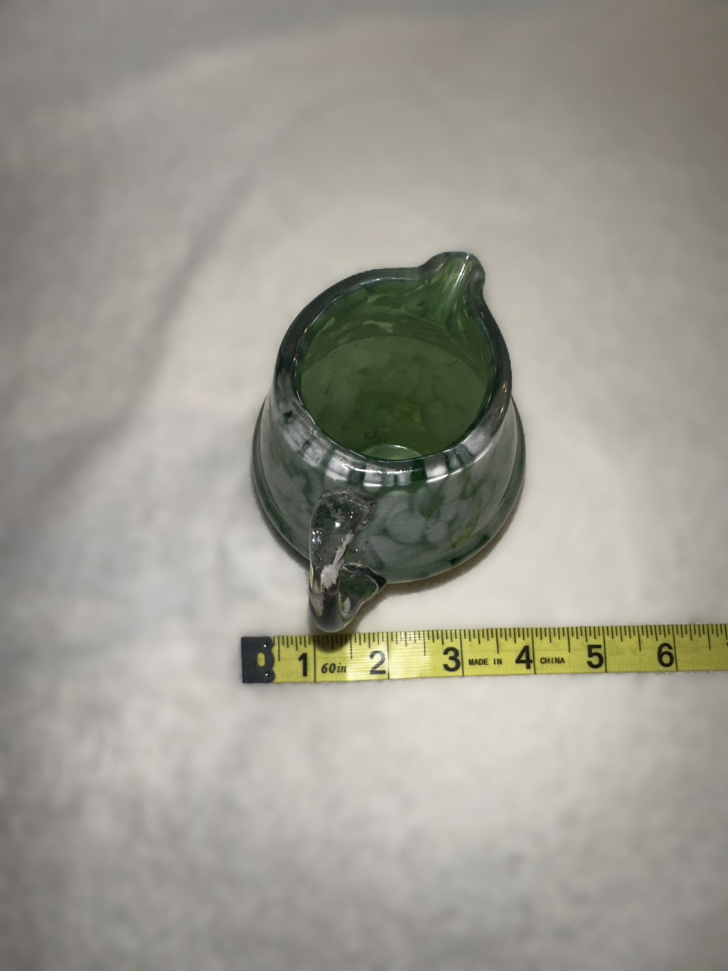 Hand Blown Green Art Glass Mini Pitcher • Vintage Mottled Glass Creamer • Murano Style Studio Glass Vessel
