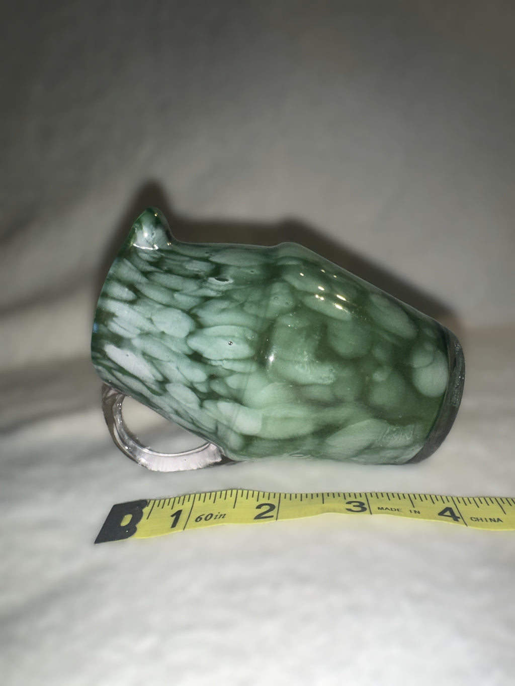 Hand Blown Green Art Glass Mini Pitcher • Vintage Mottled Glass Creamer • Murano Style Studio Glass Vessel