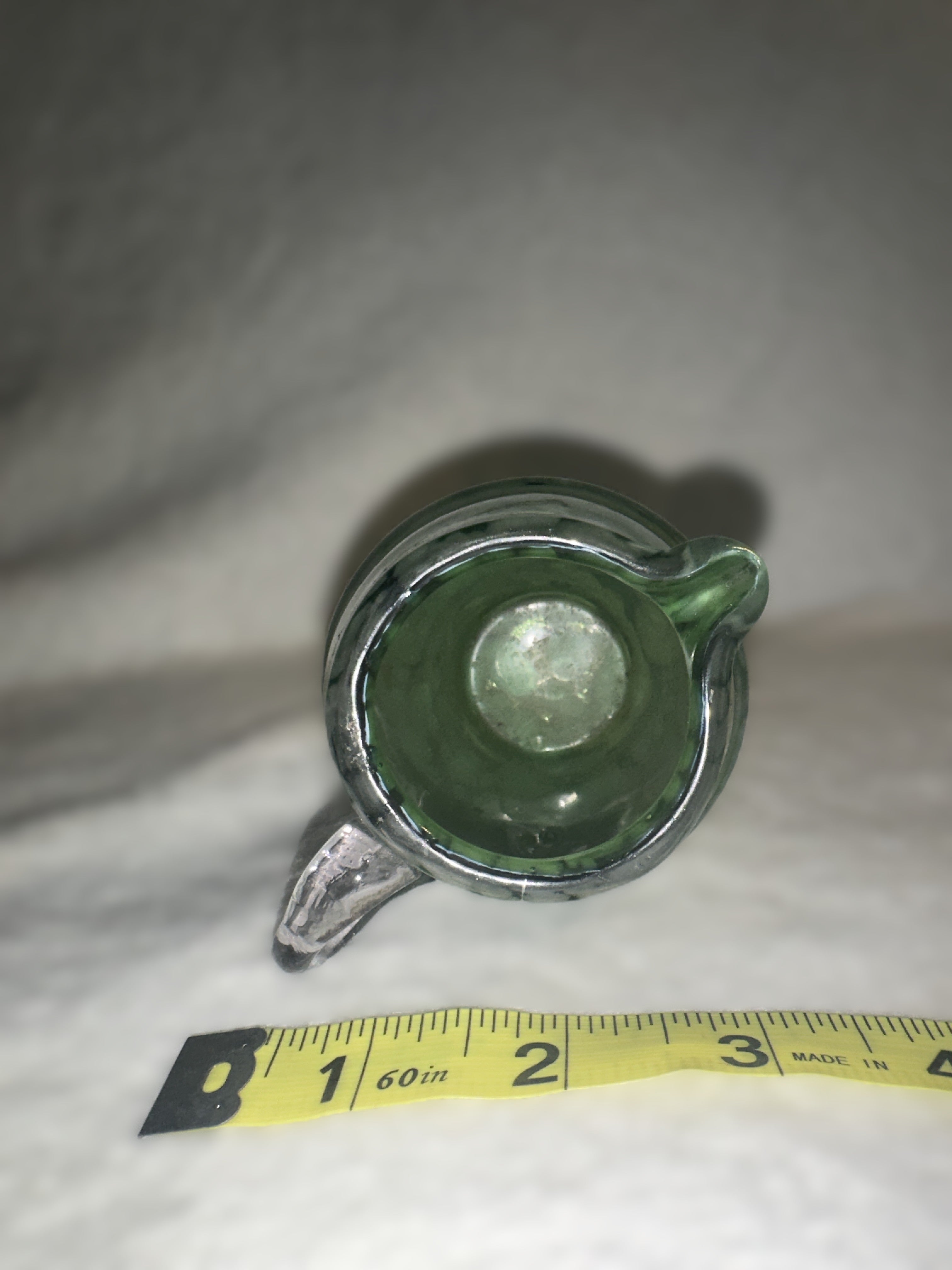 Hand Blown Green Art Glass Mini Pitcher • Vintage Mottled Glass Creamer • Murano Style Studio Glass Vessel