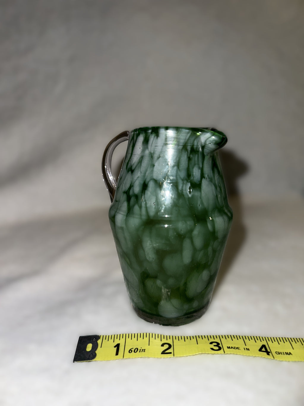 Hand Blown Green Art Glass Mini Pitcher • Vintage Mottled Glass Creamer • Murano Style Studio Glass Vessel