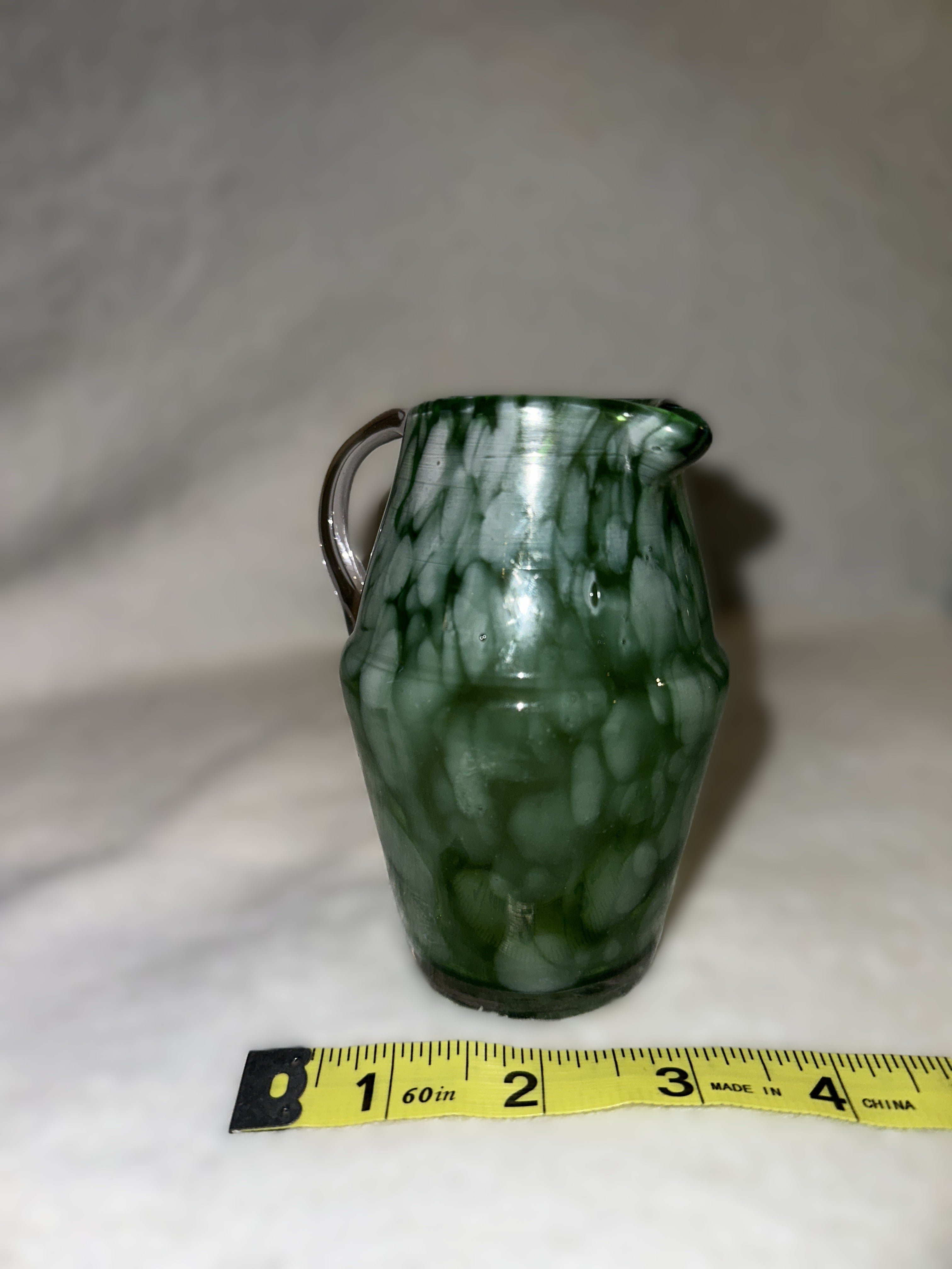 Hand Blown Green Art Glass Mini Pitcher • Vintage Mottled Glass Creamer • Murano Style Studio Glass Vessel