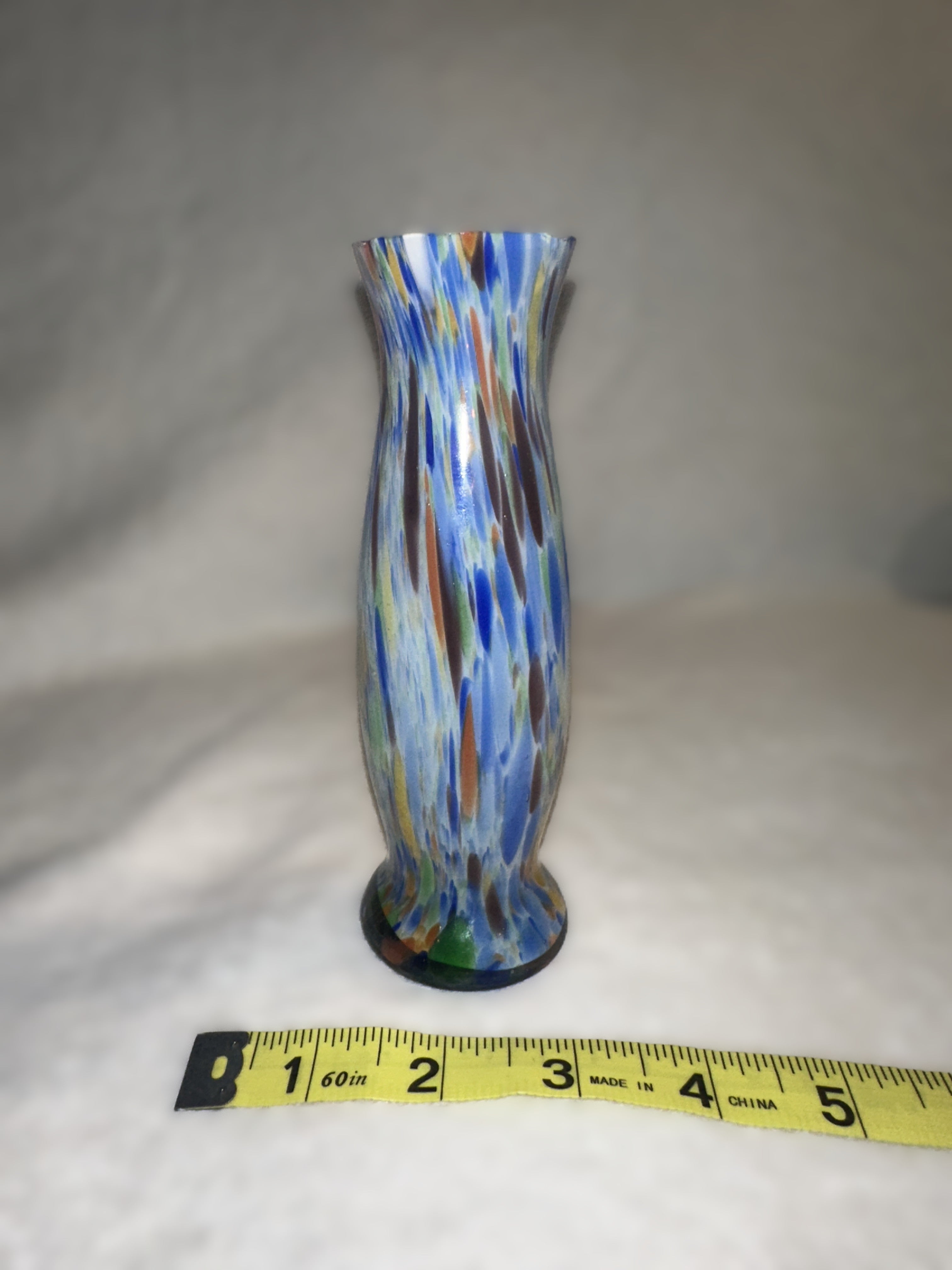 Vintage Hand Blown Art Glass Bud Vase | Blue Confetti Studio Glass | Mid Century Modern Style Decorative Vase