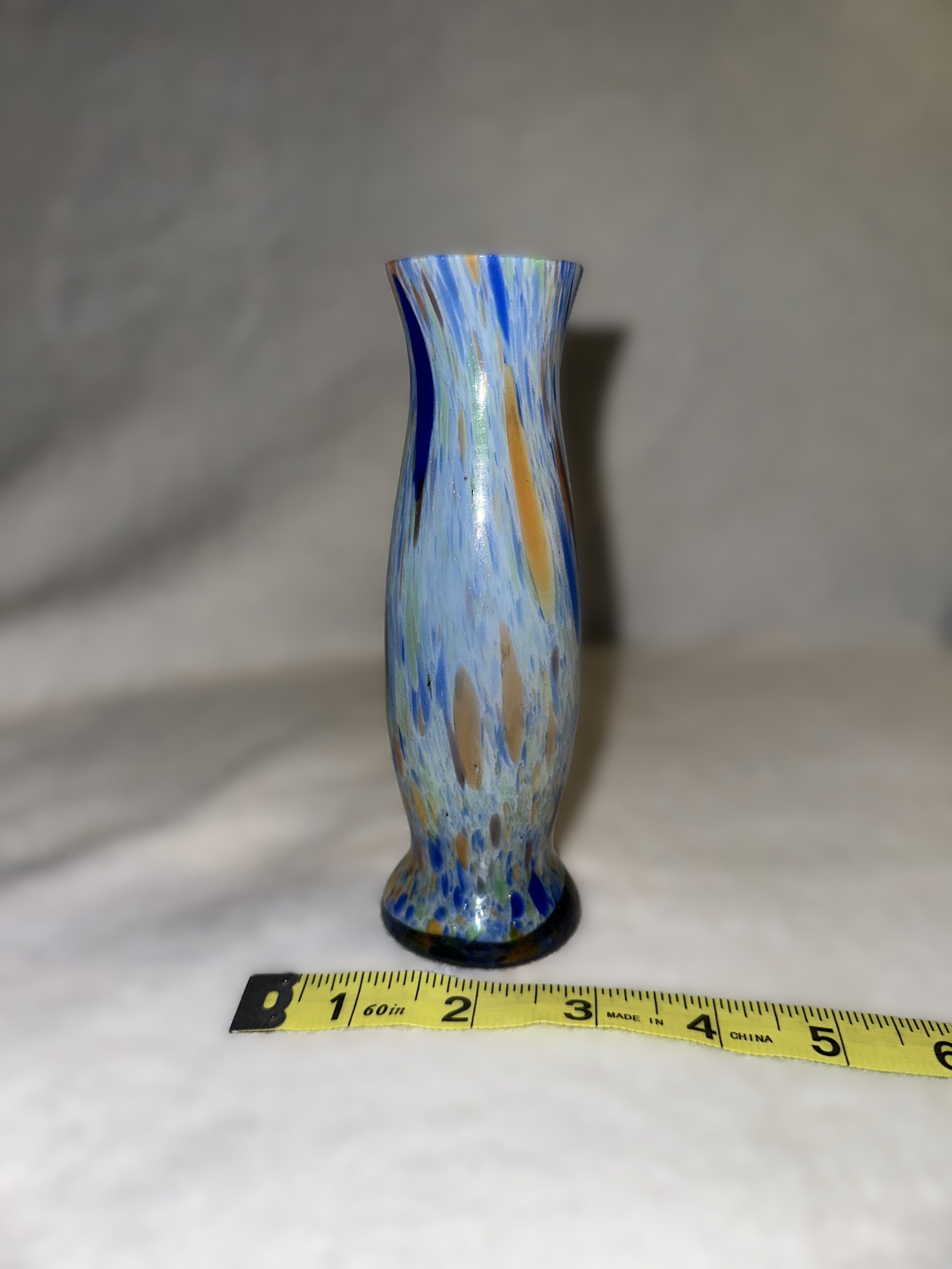 Vintage Hand Blown Art Glass Bud Vase | Blue Confetti Studio Glass | Mid Century Modern Style Decorative Vase