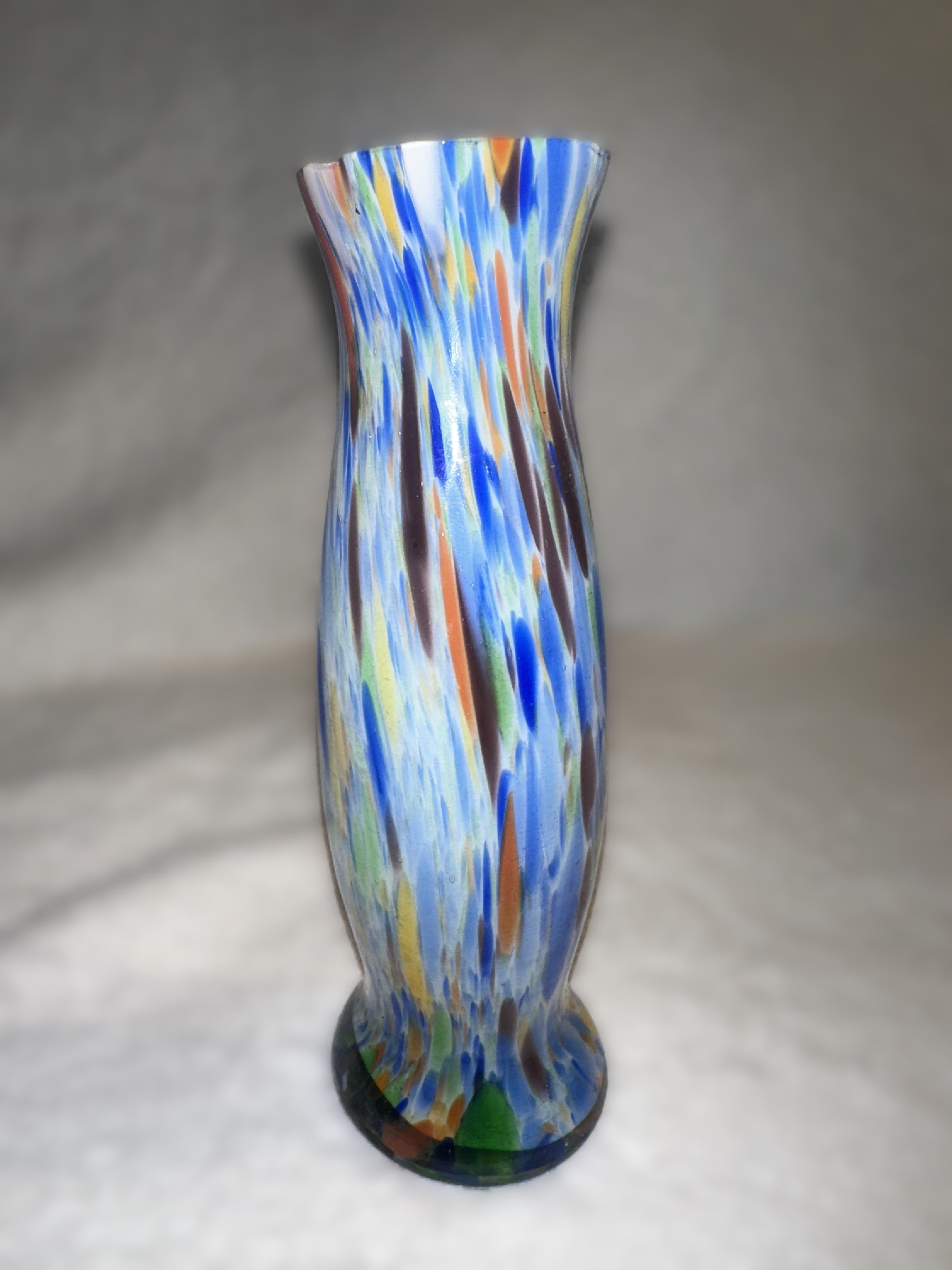 Vintage Hand Blown Art Glass Bud Vase | Blue Confetti Studio Glass | Mid Century Modern Style Decorative Vase