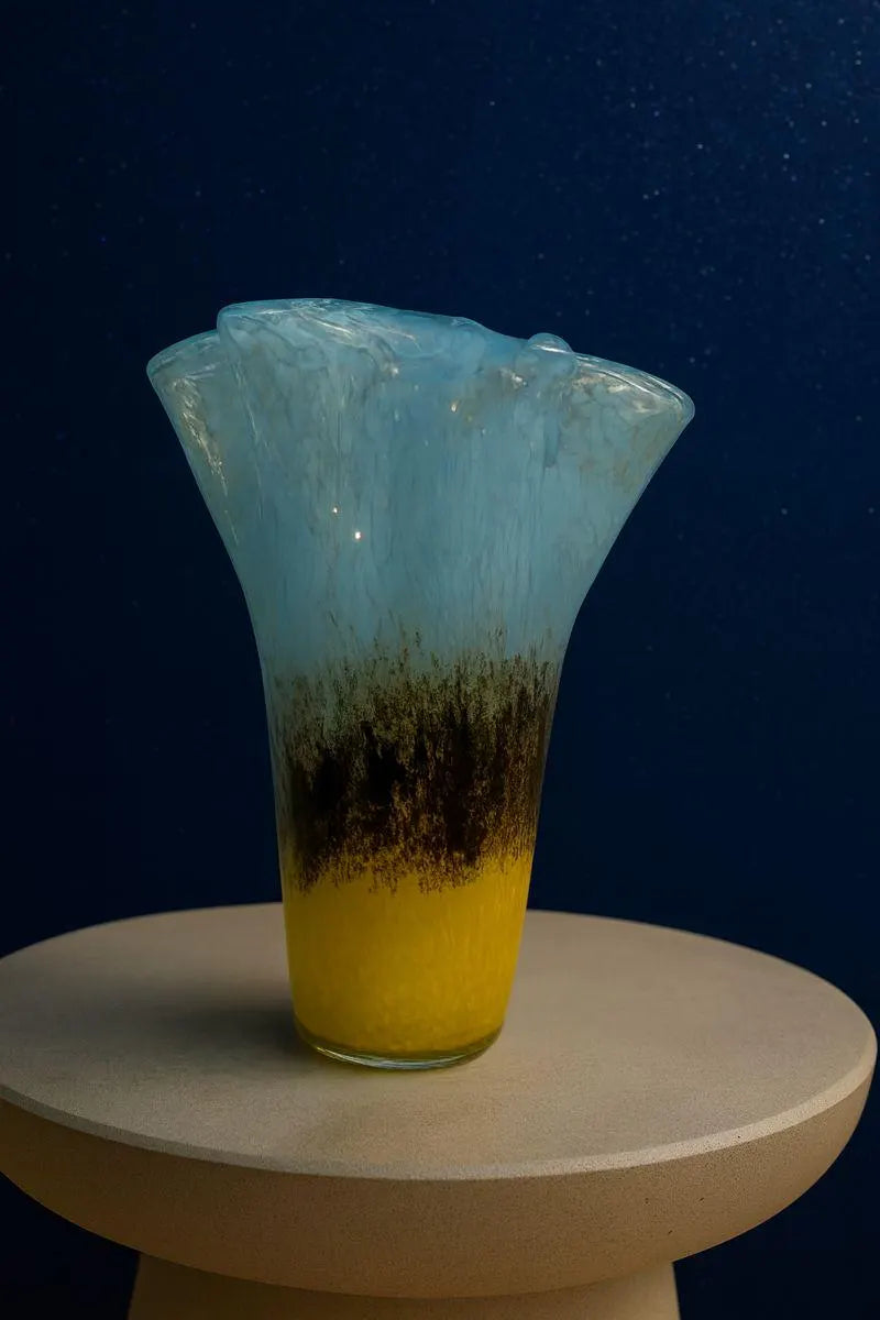 Post-Modern Murano Style Hand-Blown Art Glass Vase — Rustic Western Boho Accent - Late 20th Century -Smear Ruffled Top Vase