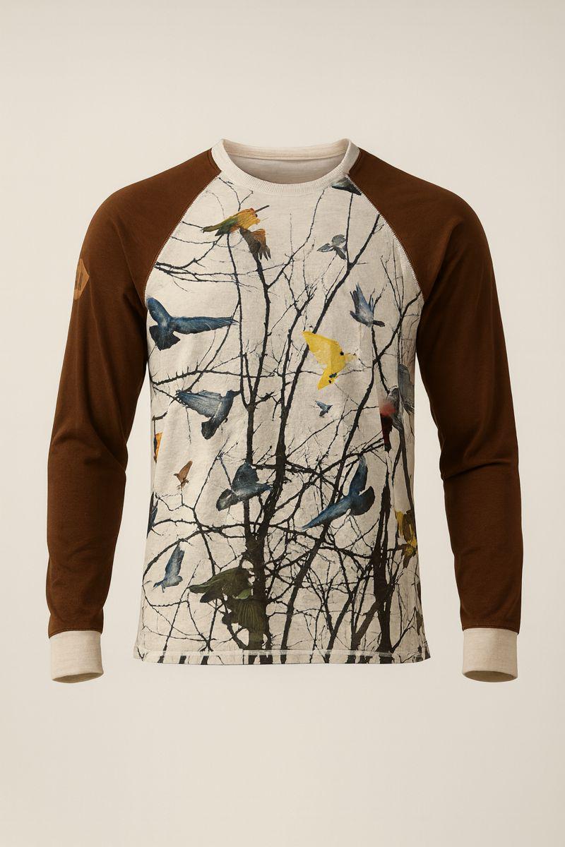 STAPLE PIGEON x THE Rugged Outdoors Long Sleeves Shirt in Brown - Bird Print Nature Graphic — Brown Raglan - Large