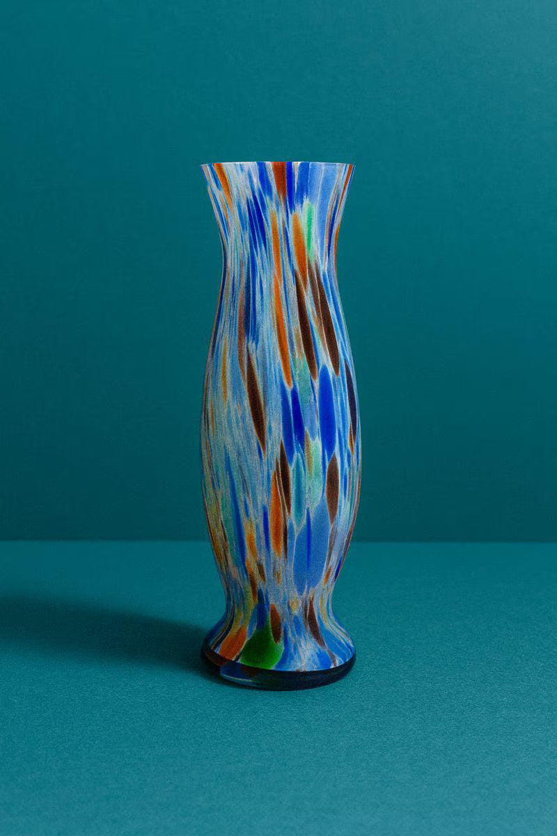 Vintage Hand Blown Art Glass Bud Vase | Blue Confetti Studio Glass | Mid Century Modern Style Decorative Vase