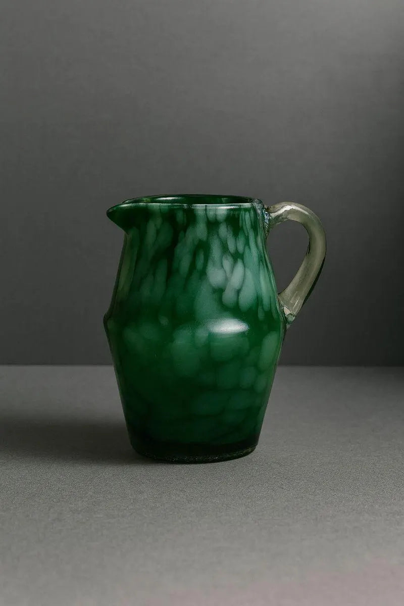 Hand Blown Green Art Glass Mini Pitcher • Vintage Mottled Glass Creamer • Murano Style Studio Glass Vessel